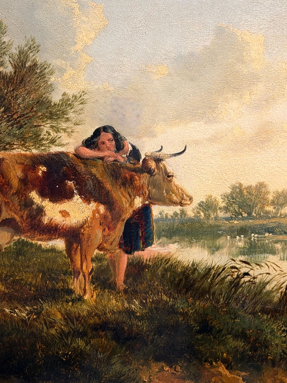 Paysage victorien britannique, bétail et jeune fille au bord d'un étang, coucher de soleil doré photo 1958.0