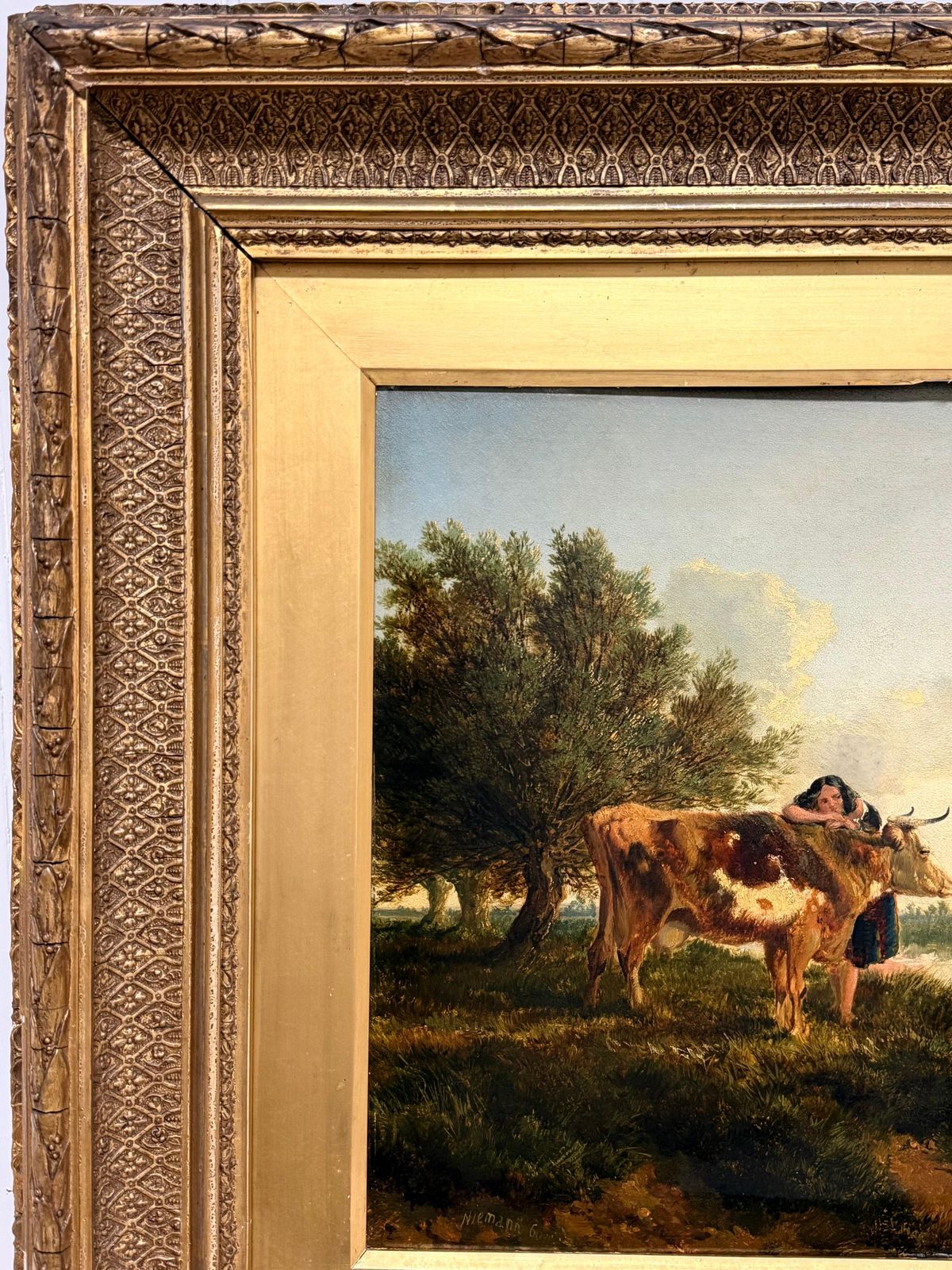 Art Paysage victorien britannique, bétail et jeune fille au bord d'un étang, coucher de soleil doré photo