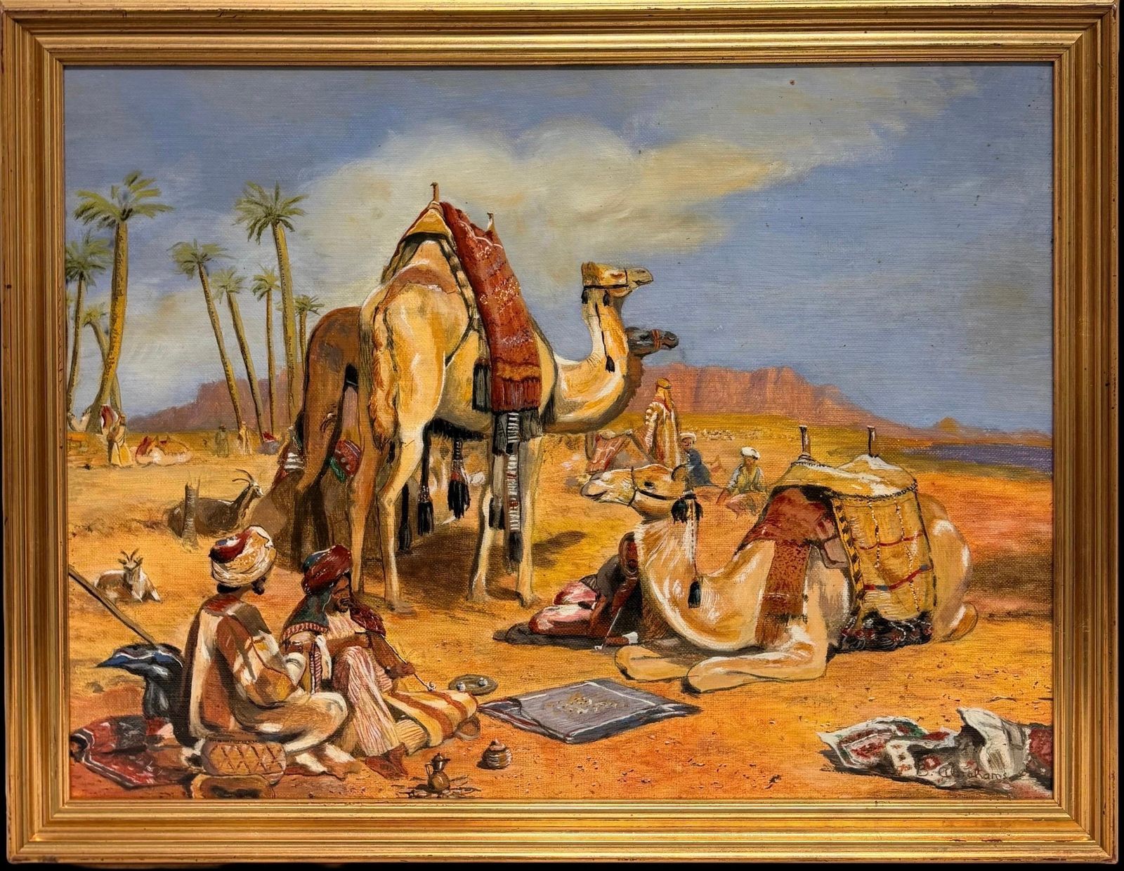 Arabes et chameaux dans un désert sous un ciel bleu nuageux, peinture orientaliste à l'huile