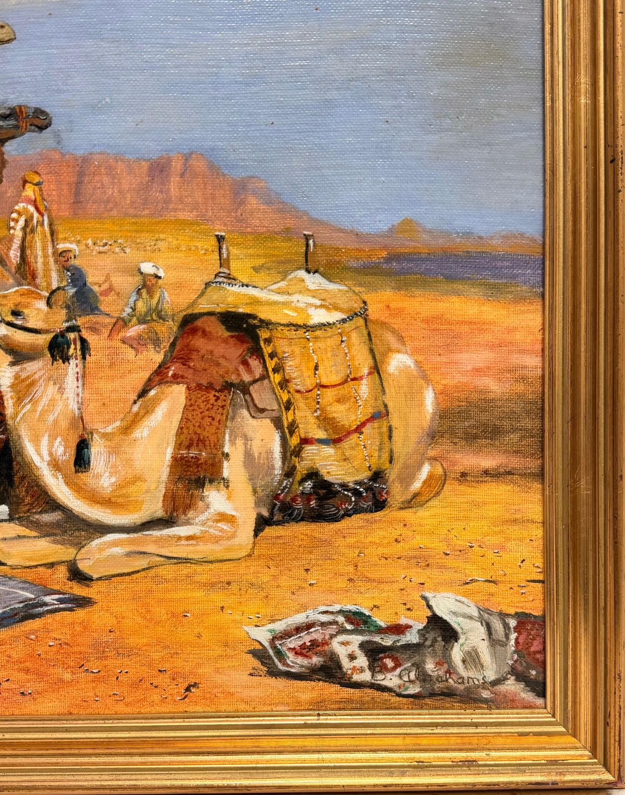 Arabes et chameaux dans un désert sous un ciel bleu nuageux, peinture orientaliste à l'huile photo Art