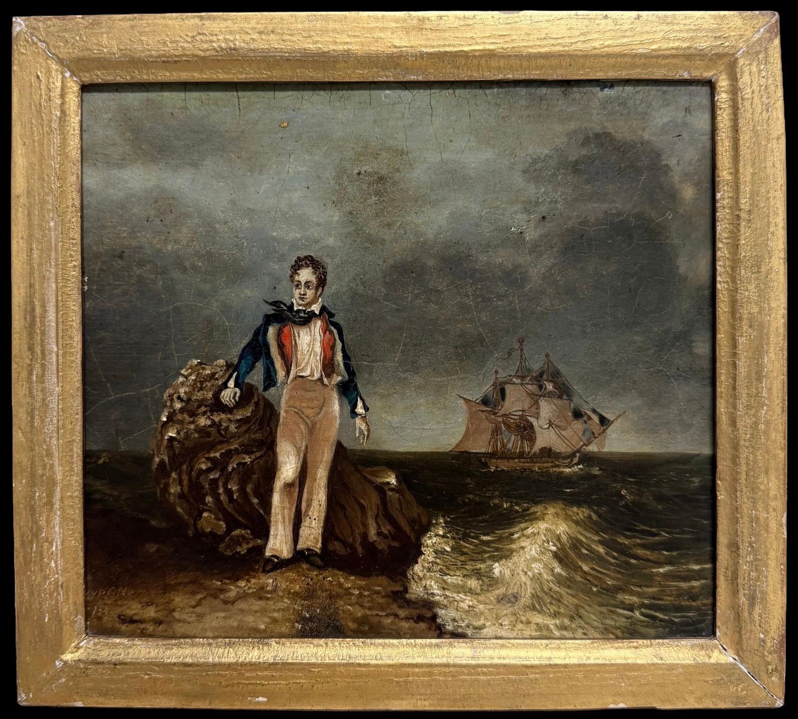 Lord Byron Standing On The Shore With Sailing Ship At Sea Antique Oil Painting