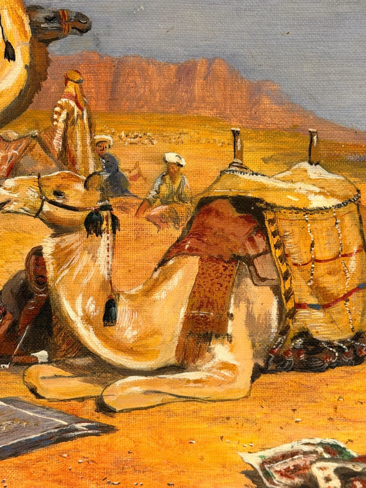 Arabes et chameaux dans un désert sous un ciel bleu nuageux, peinture orientaliste à l'huile photo buy