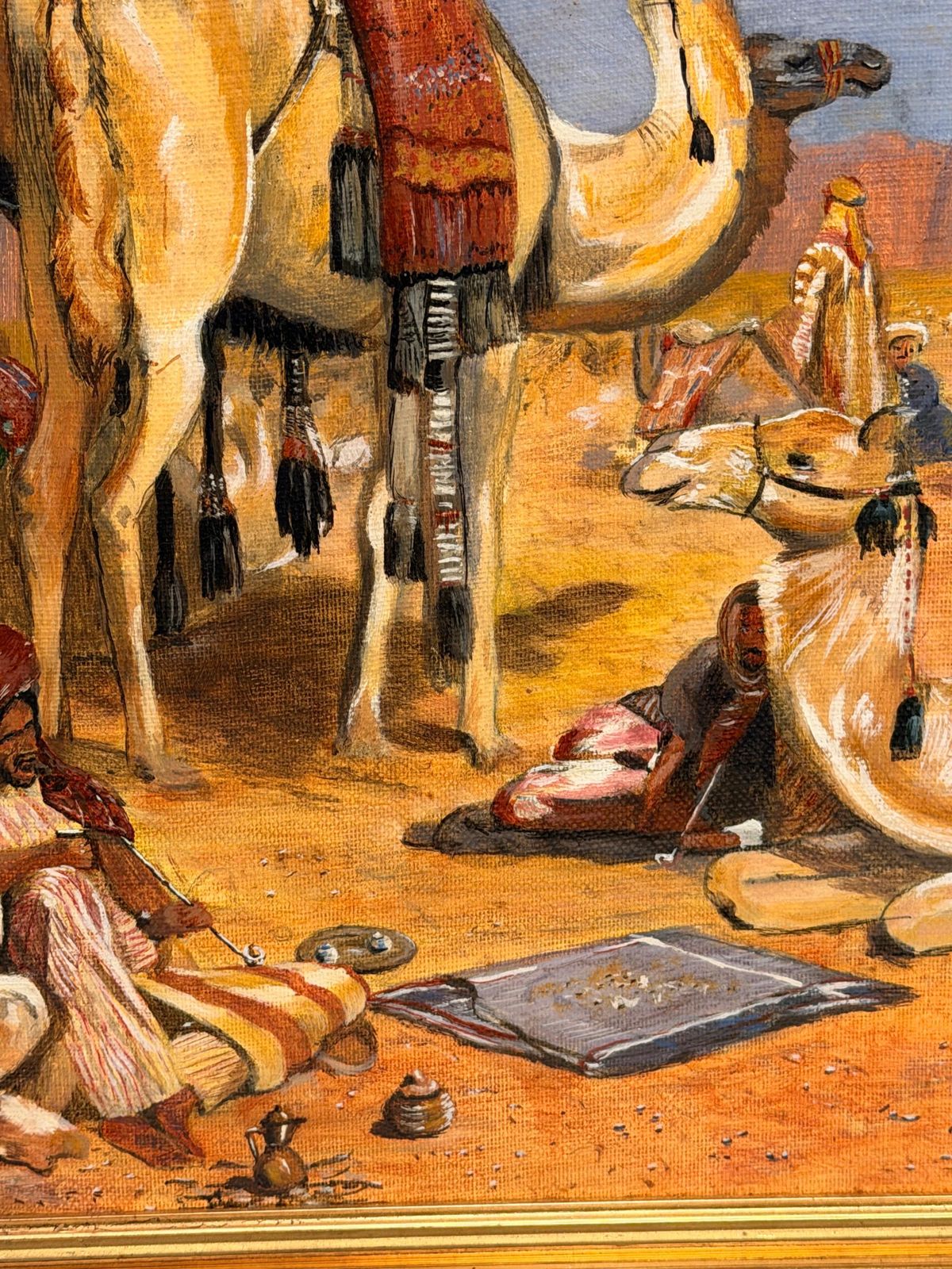 photo furniture Arabes et chameaux dans un désert sous un ciel bleu nuageux, peinture orientaliste à l'huile