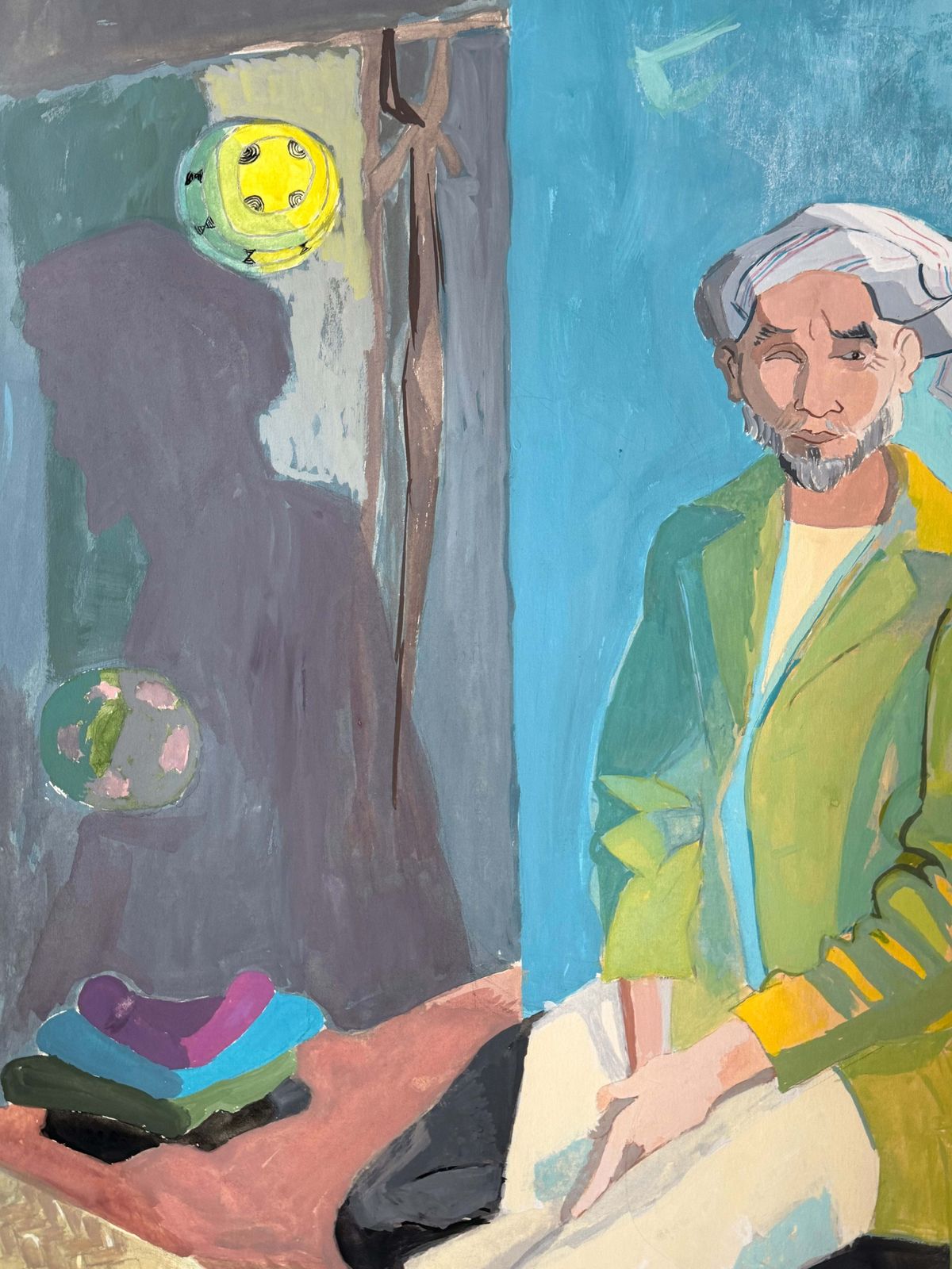 Homme marocain agenouillé, gouache figurative moderniste française mid-century photo 561.0