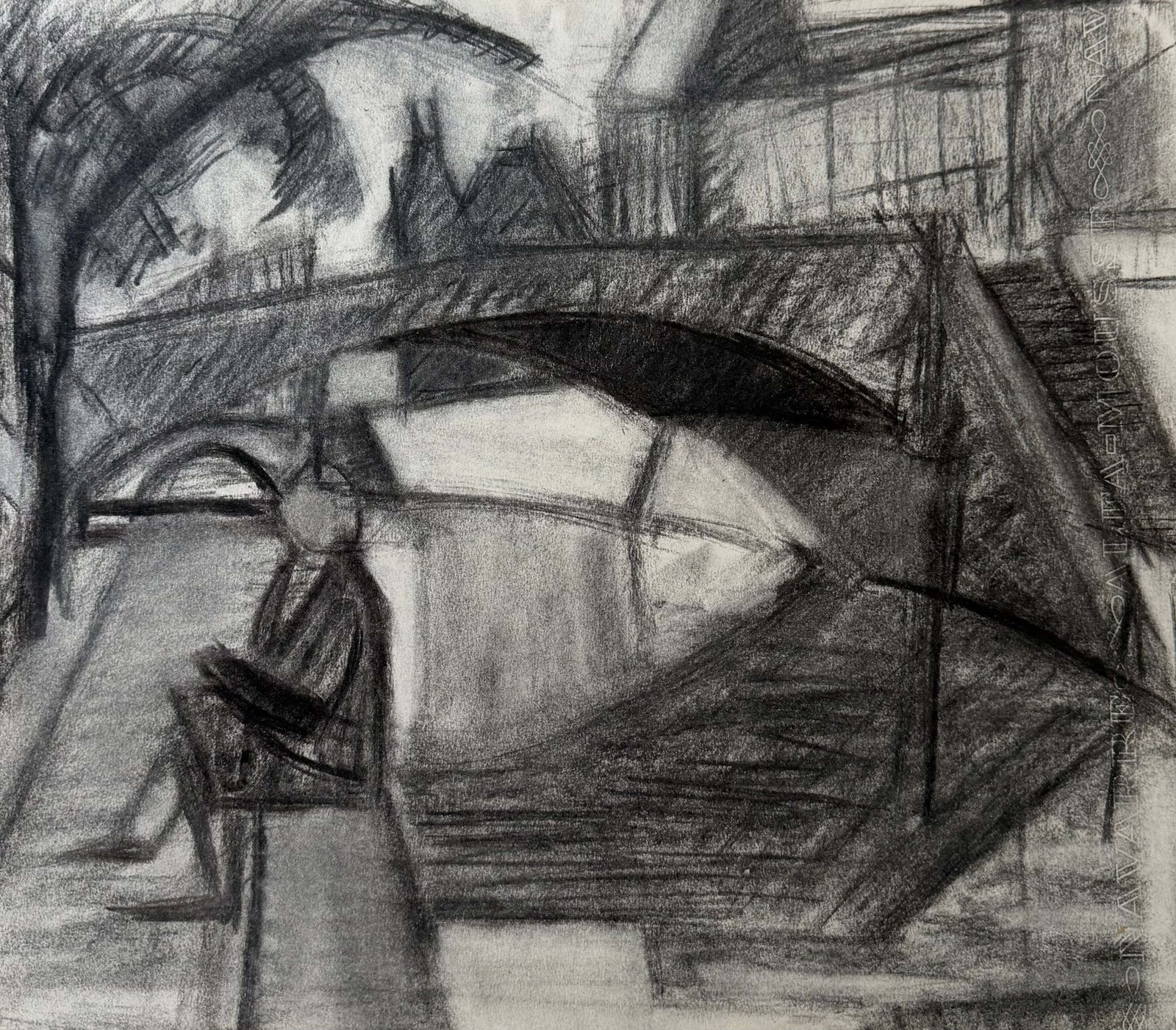 Personnage près d'un pont sur la Seine, Paris, dessin au fusain cubiste, années 1950