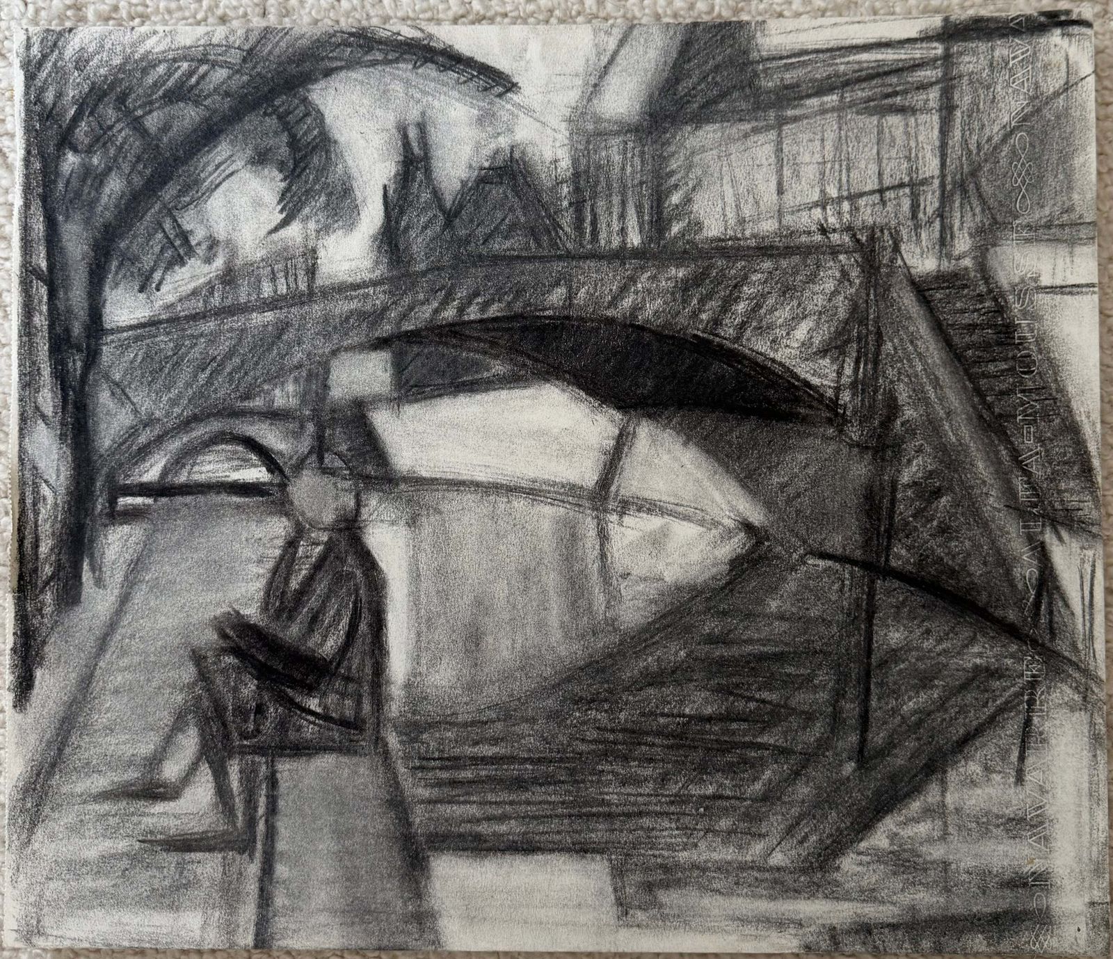Personnage près d'un pont sur la Seine, Paris, dessin au fusain cubiste, années 1950 photo furniture