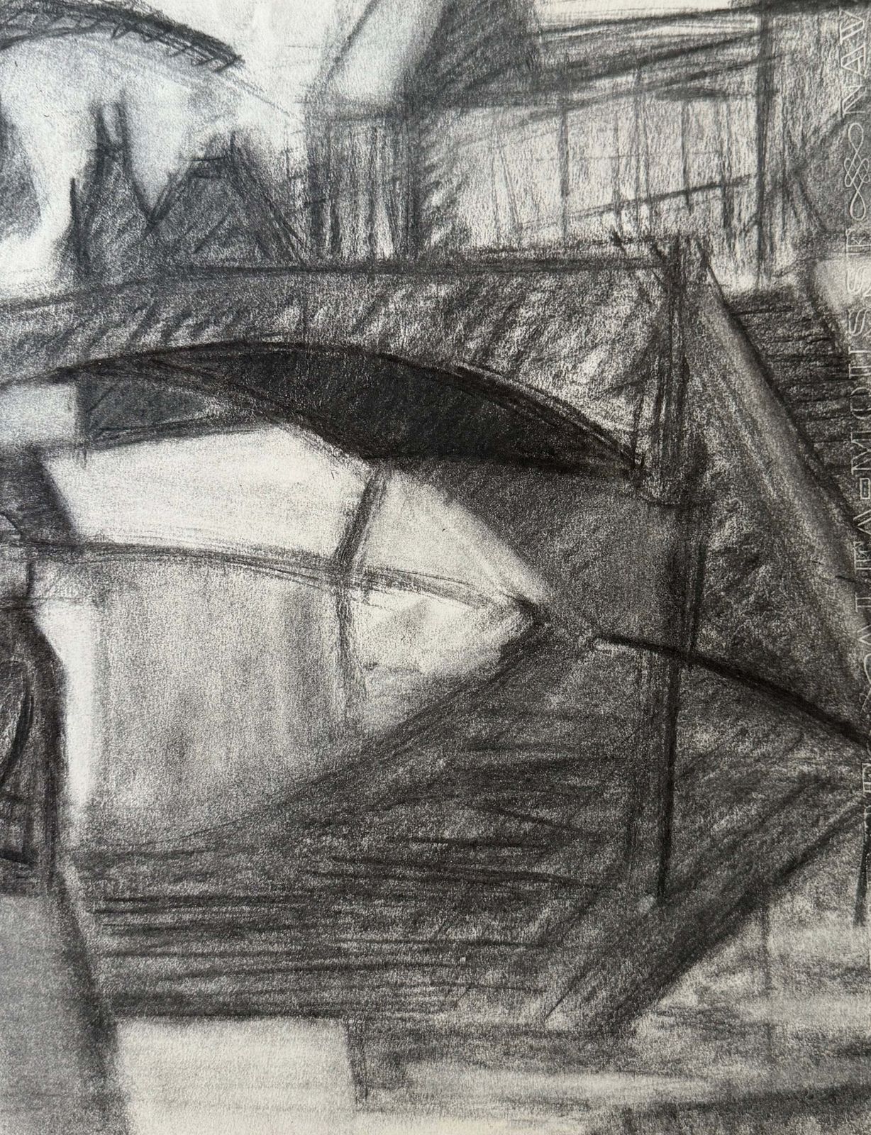 Figure Beside Bridge River Seine Paris French Cubist 1950's Charcoal Drawing photo for sale