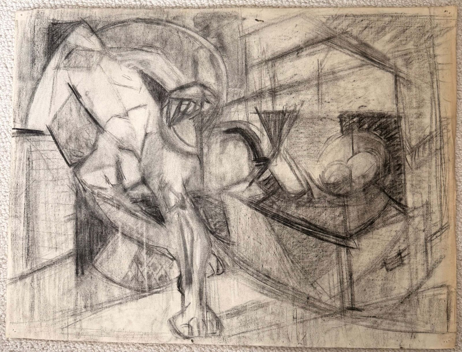 Nu masculin allongé cubiste dans un intérieur, dessin au fusain moderniste français photo furniture