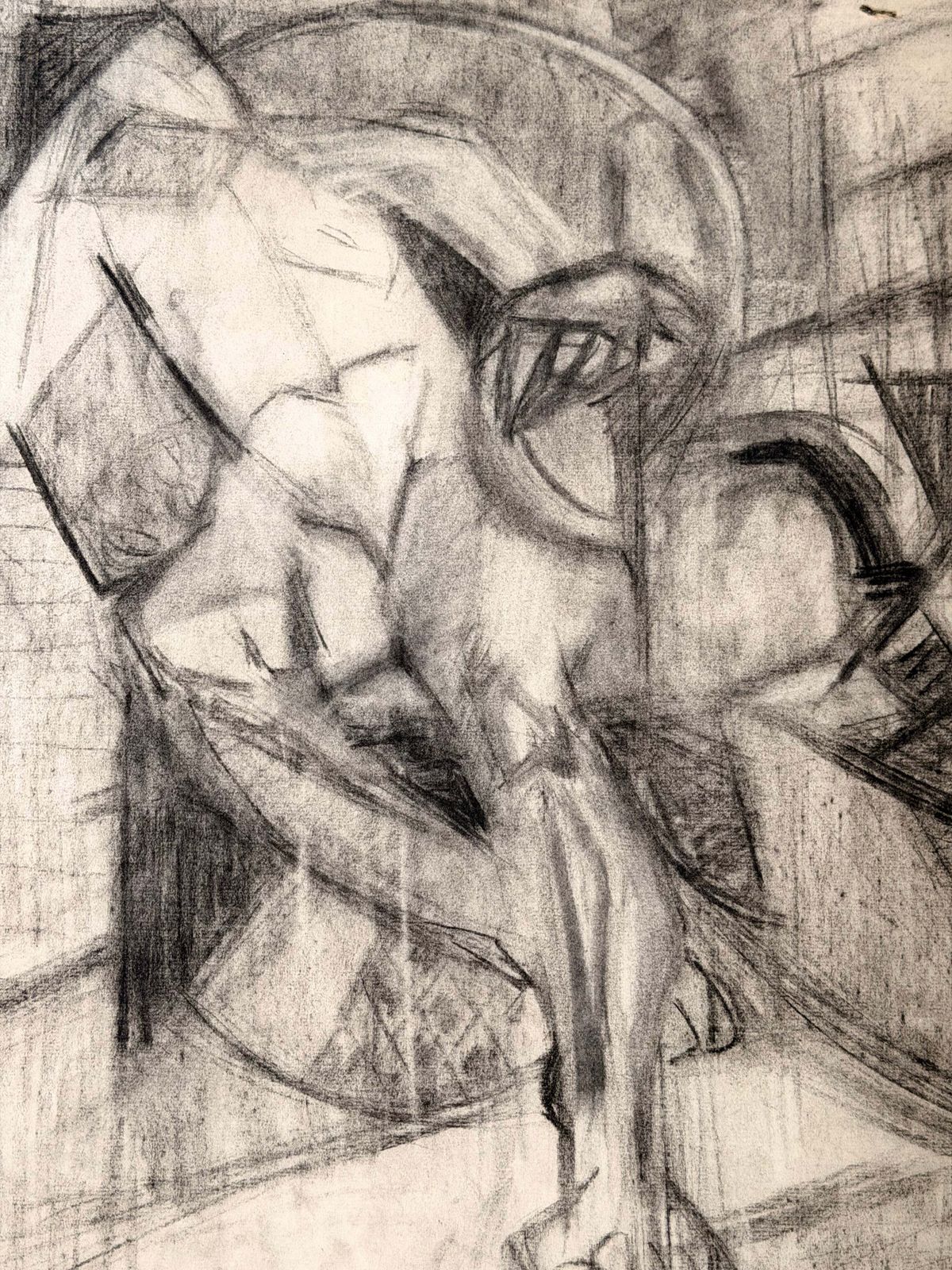 Nu masculin allongé cubiste dans un intérieur, dessin au fusain moderniste français photo 428.0