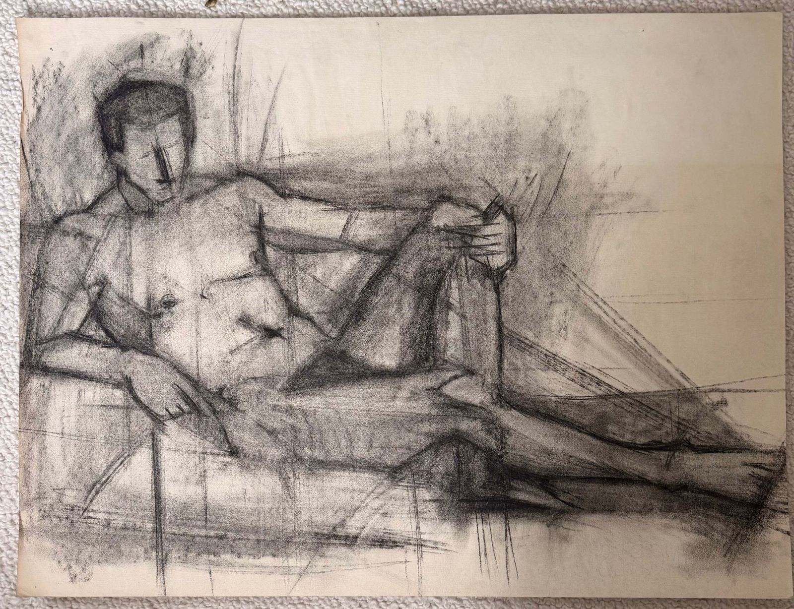 Reclining Male Nude Figure Study French Modernist Charcoal Drawing 20th Century photo furniture