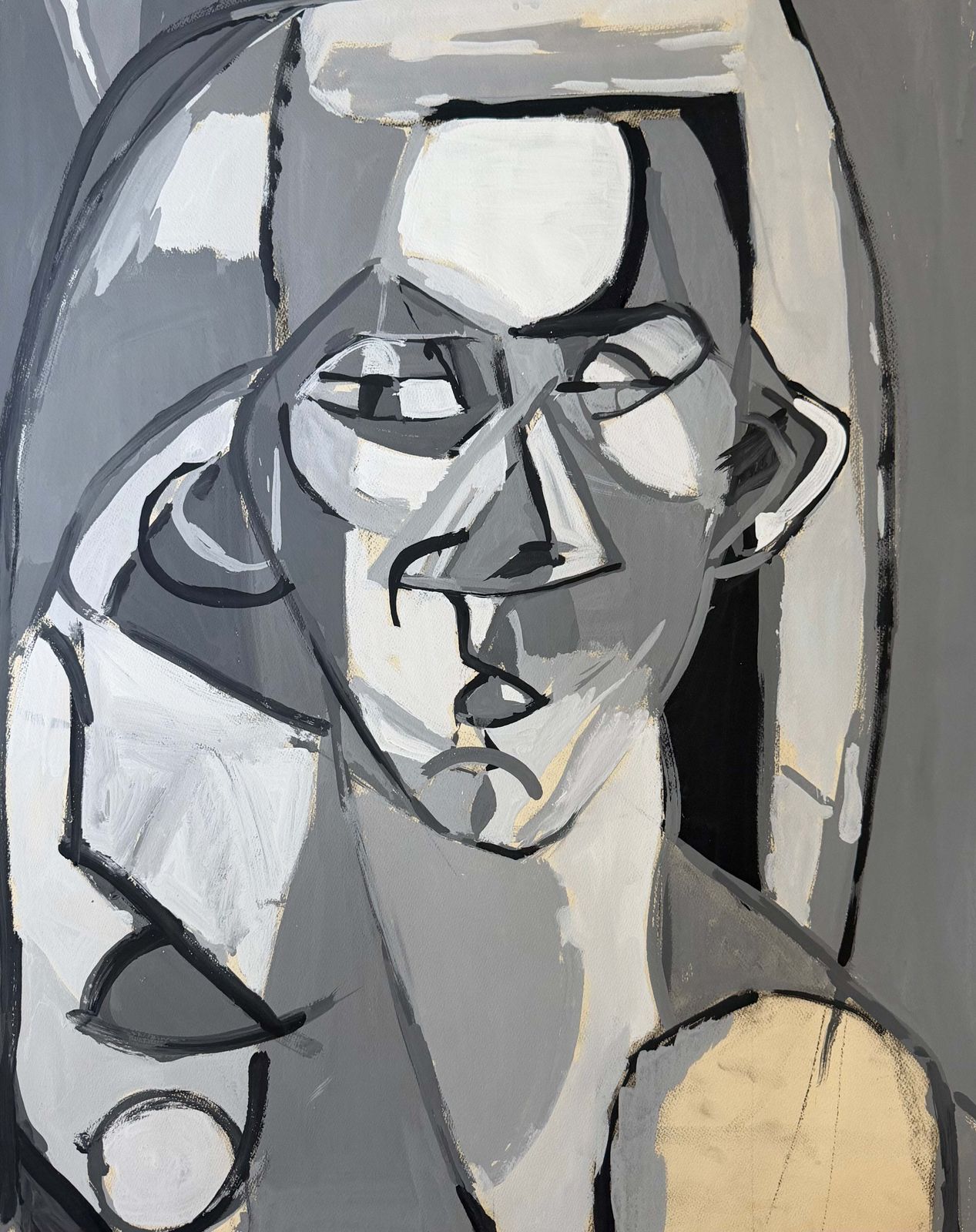 Figure féminine assise, turquoise, cubiste, gouache moderniste française