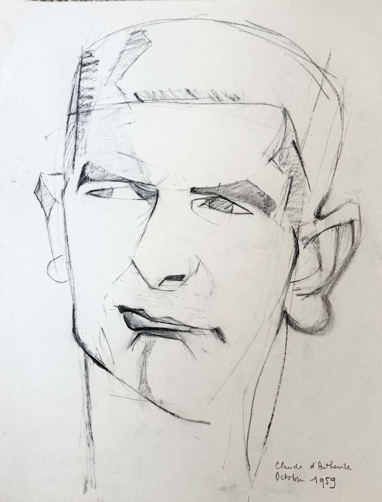 Portrait Of A Gentleman French Modernist Cubist Pencil Drawing