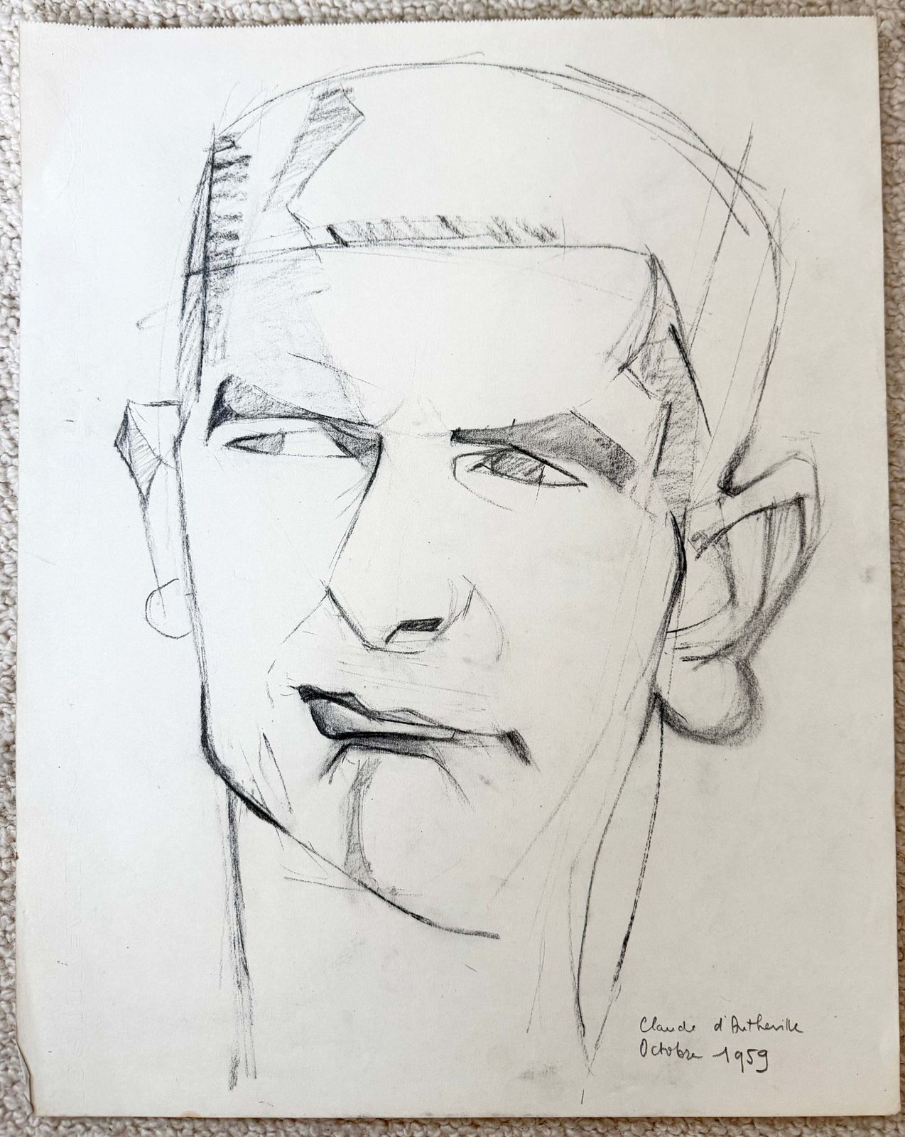Portrait d'un gentleman, dessin au crayon moderniste cubiste français photo furniture