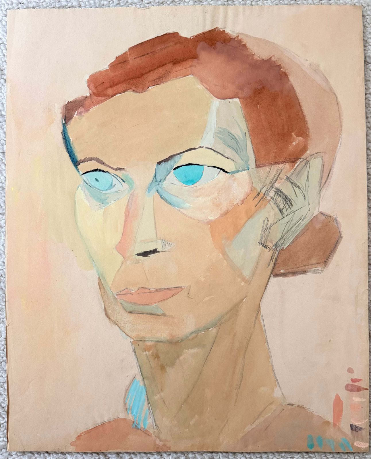 Portrait cubiste d'une femme aux yeux bleus, gouache moderniste française photo furniture