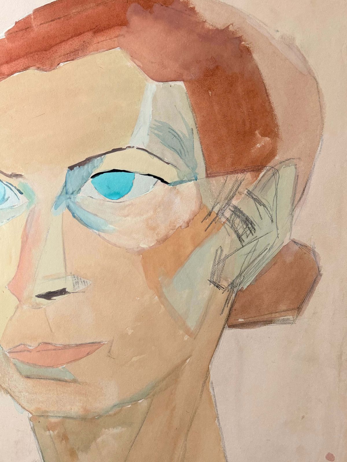 Cubist Portrait Of A Woman With Blue Eyes French Modernist Gouache Painting photo for sale