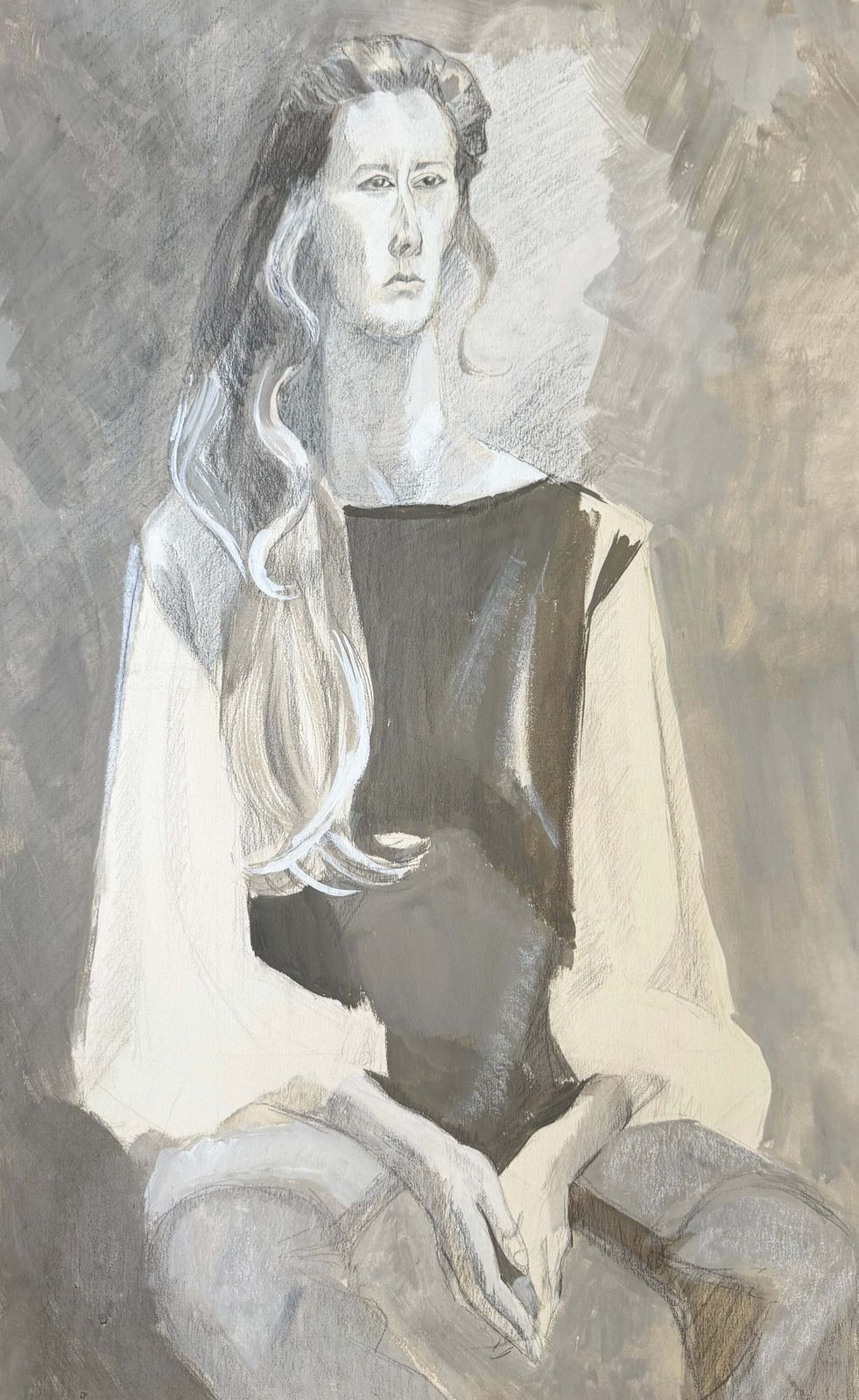 Femme assise aux longs cheveux, portrait monochrome moderniste français