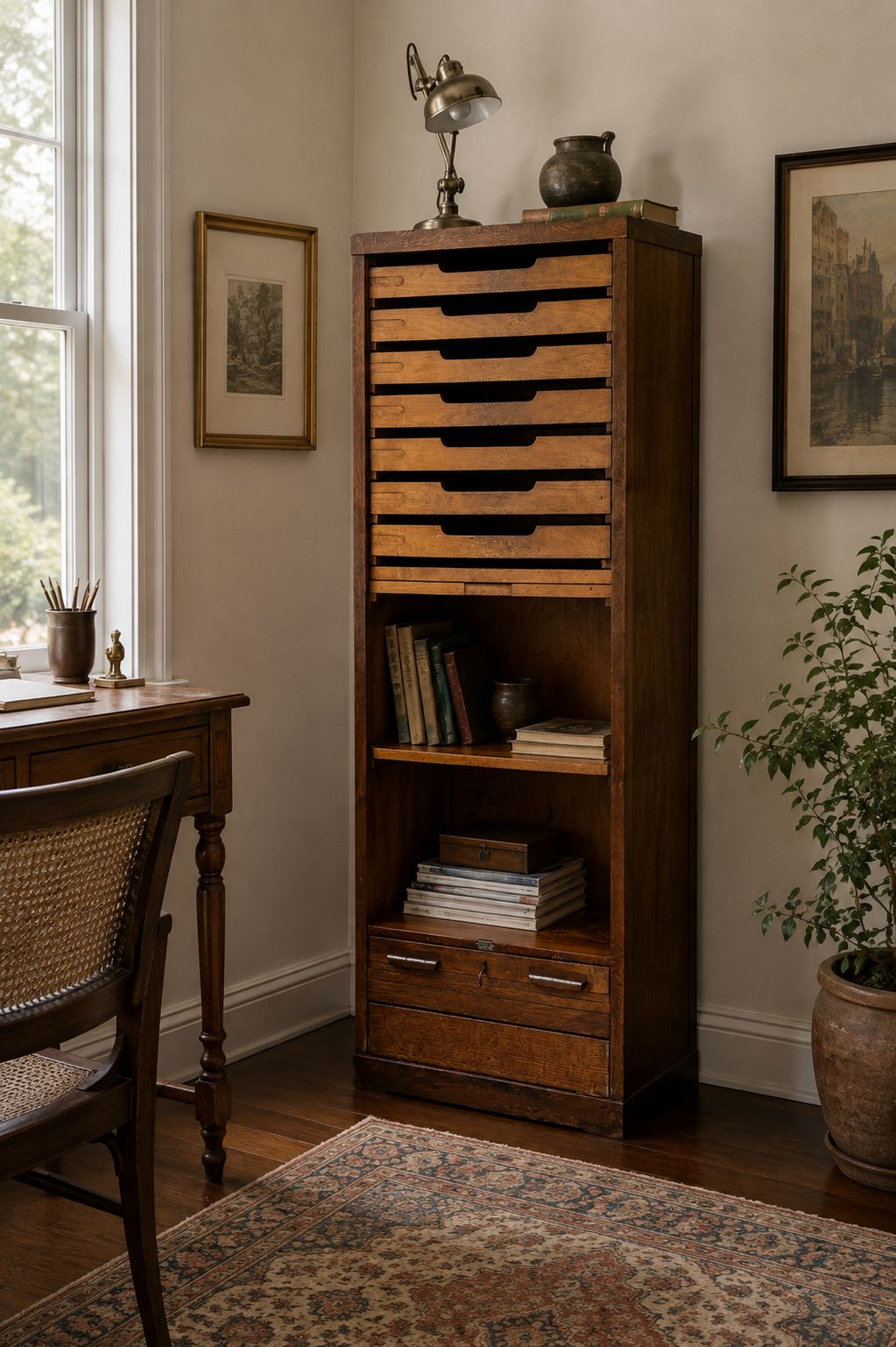 Antique Wooden Tambour Roll Front Filing Cabinet With Pull Out Document Trays photo furniture