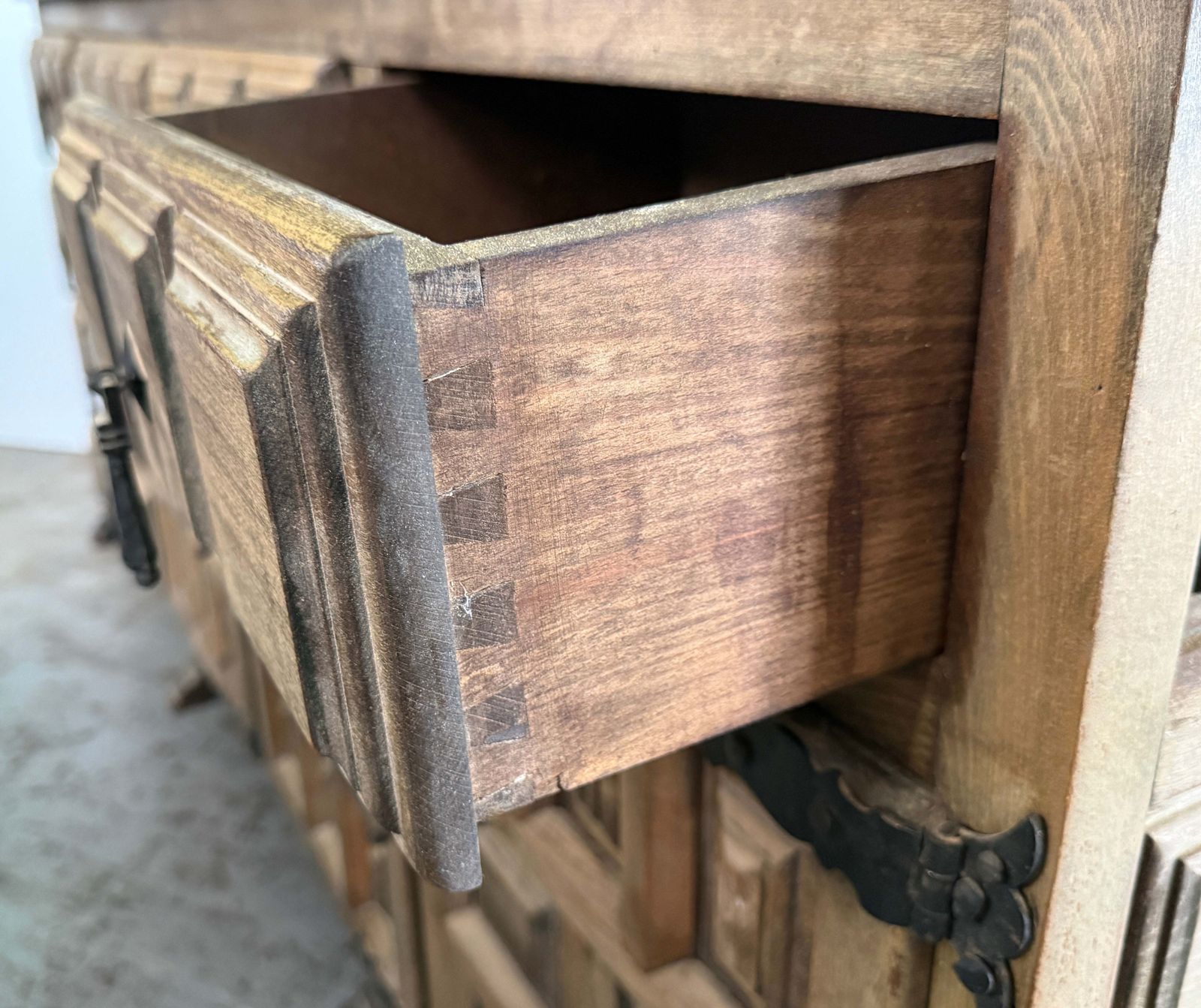 6381.0 Spanish Rustic Carved Wood Sideboard Or Cabinet With Side Drawers And Four Doors photo