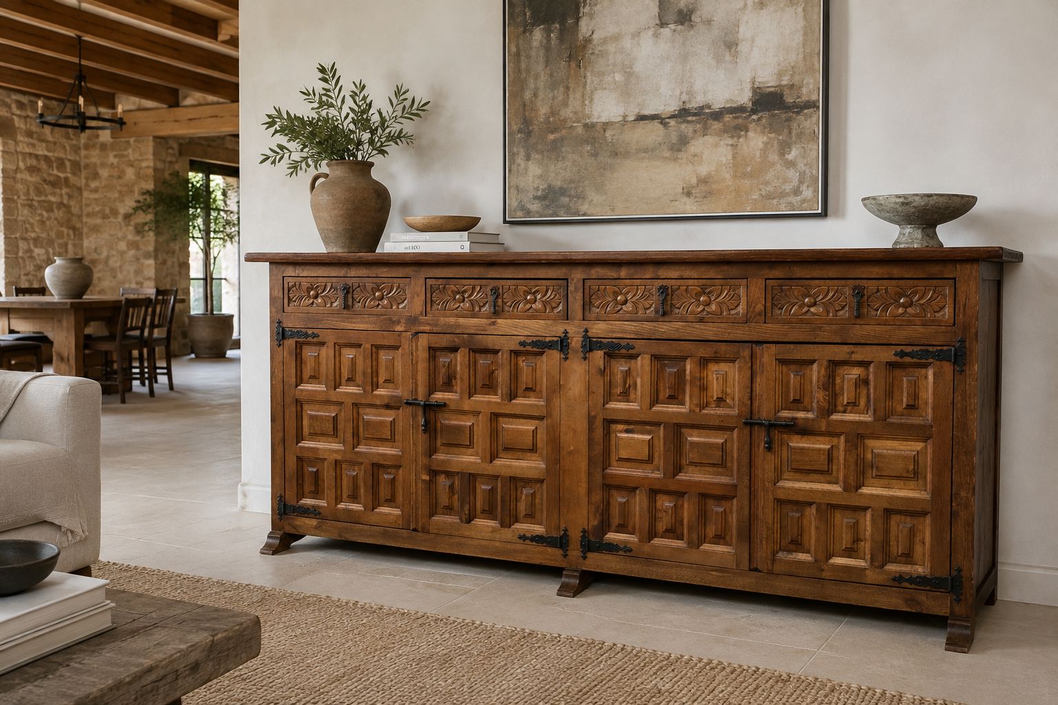 Mobilier Buffet espagnol rustique en bois sculpté avec ferrures forgées à la main, XXe siècle photo
