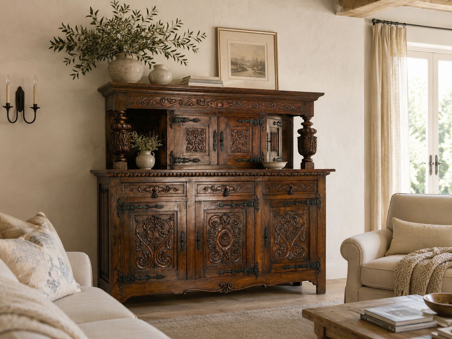 Grand buffet espagnol en chêne et fer forgé sculpté, vers 1960 photo furniture