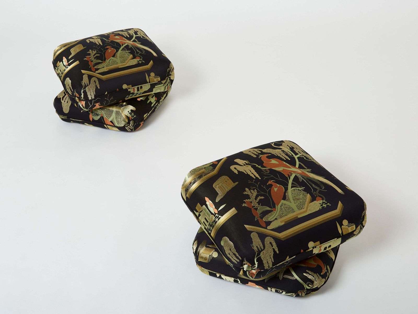 Jacques Charpentier For Maison Jansen Pair Of Ottomans Silk Upholstery 1970s photo for sale