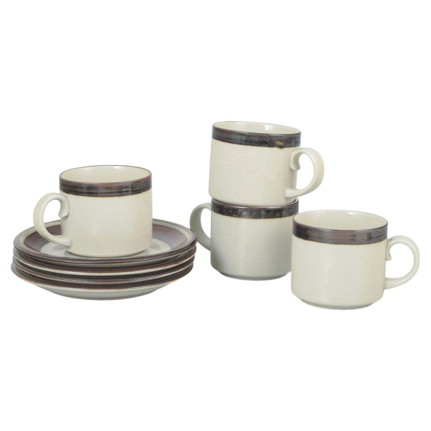 Arabia, Finland. Set Of Four Large "Karelia" Coffee Cups With Saucers. 1970s