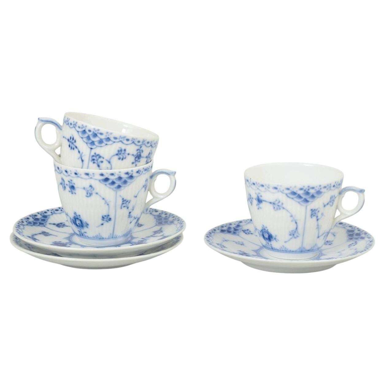 Royal Copenhagen, Blue Fluted Half Lace. Set Of Three Coffee Cups With Saucers.