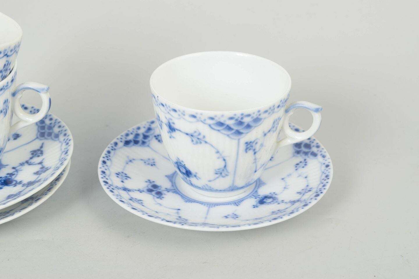 Royal Copenhagen, Blue Fluted Half Lace. Set Of Three Coffee Cups With Saucers. photo for sale