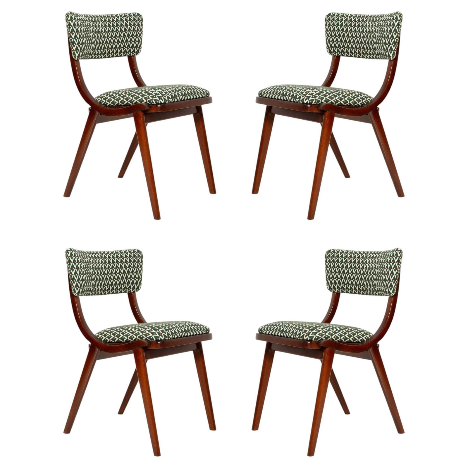 Vier mid-century modern Boomerang stoelen, wit en groen jacquard, Polen, 1960