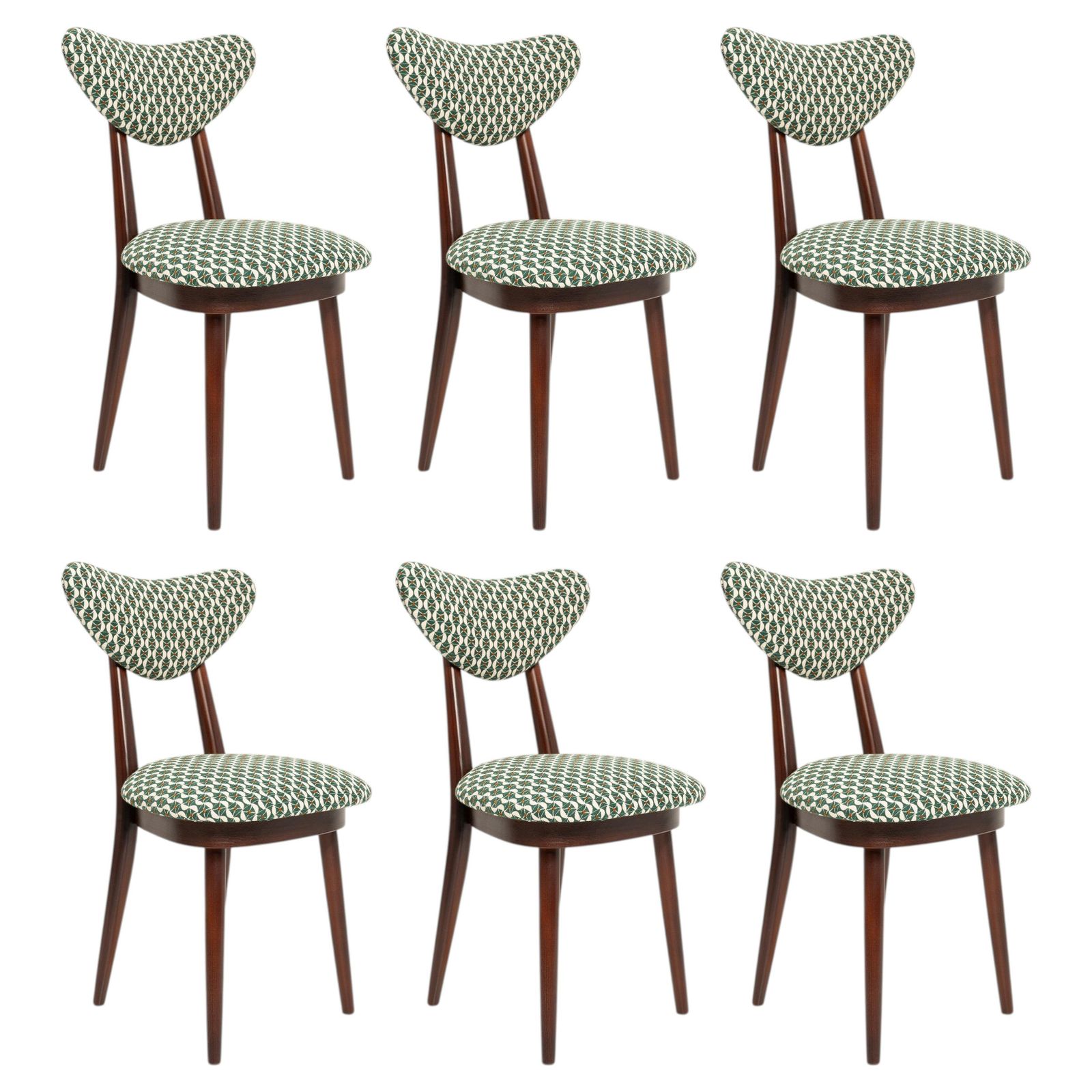 Zes mid-century hartstoelen, wit en groen art deco jacquard, Europa, jaren 1960