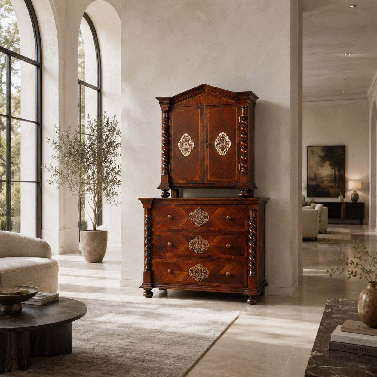 Cabinet baroque des Habsbourg sur commode en noyer, érable et incrustations d'argent, vers 1728 photo furniture