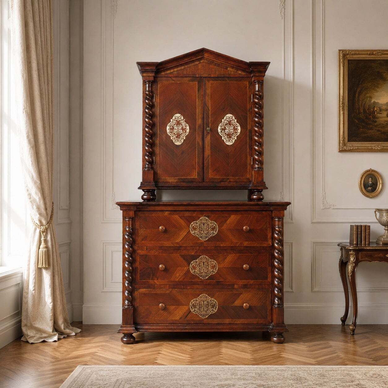 Habsburg Barok Kabinet op Kast in Walnoot, Esdoorn en Zilver Inlegwerk, ca. 1728 photo for sale