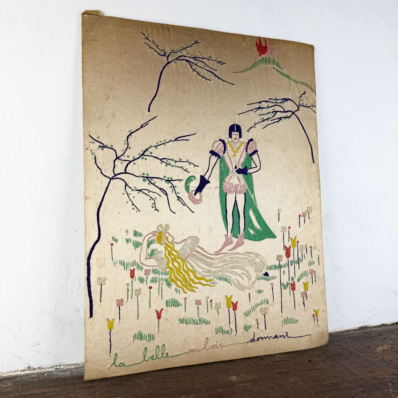 Art Deco French Silk Embroidery, Hand Embroidered Silk Panel Depicting Sleeping Beauty photo vintage