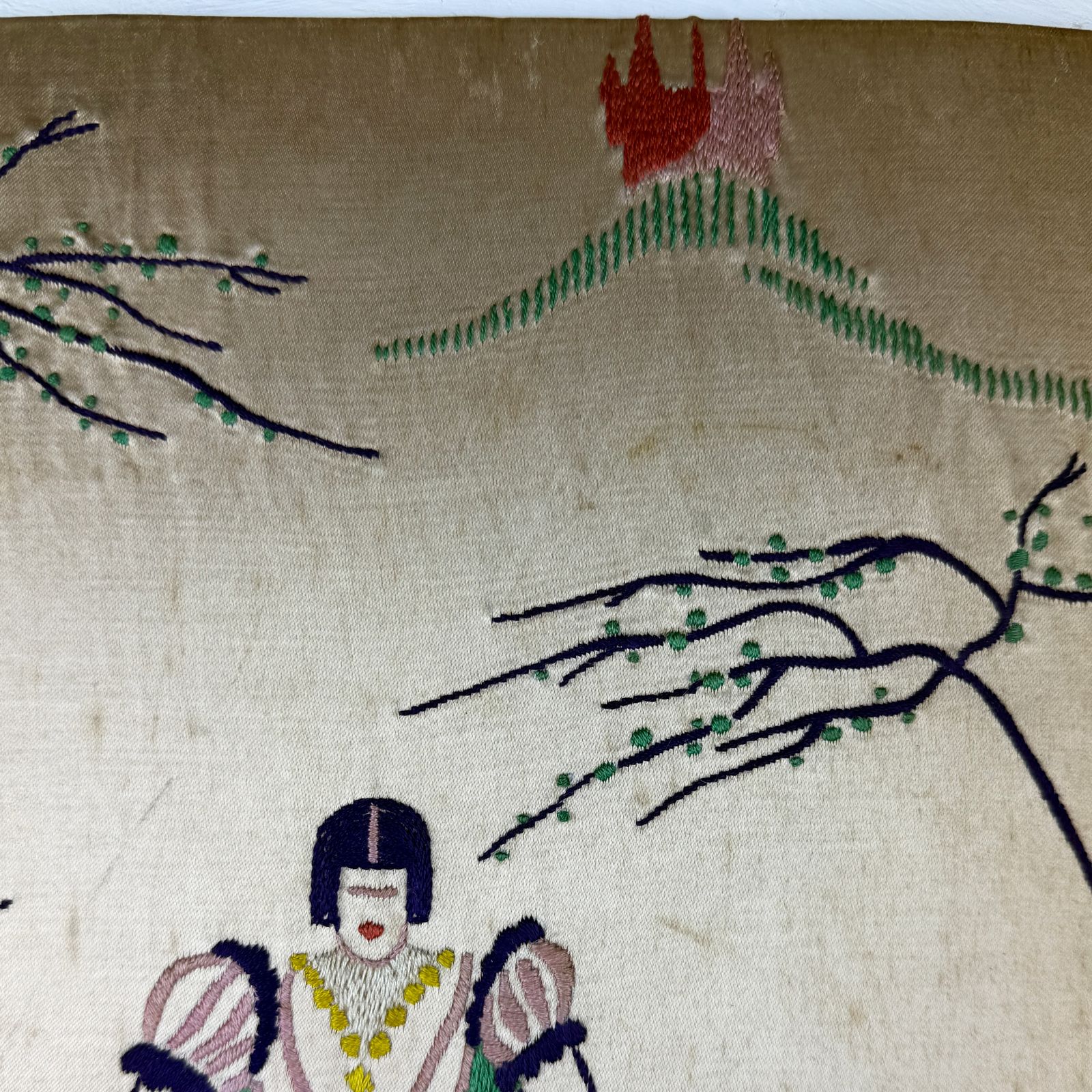 Art Deco French Silk Embroidery, Hand Embroidered Silk Panel Depicting Sleeping Beauty photo Art