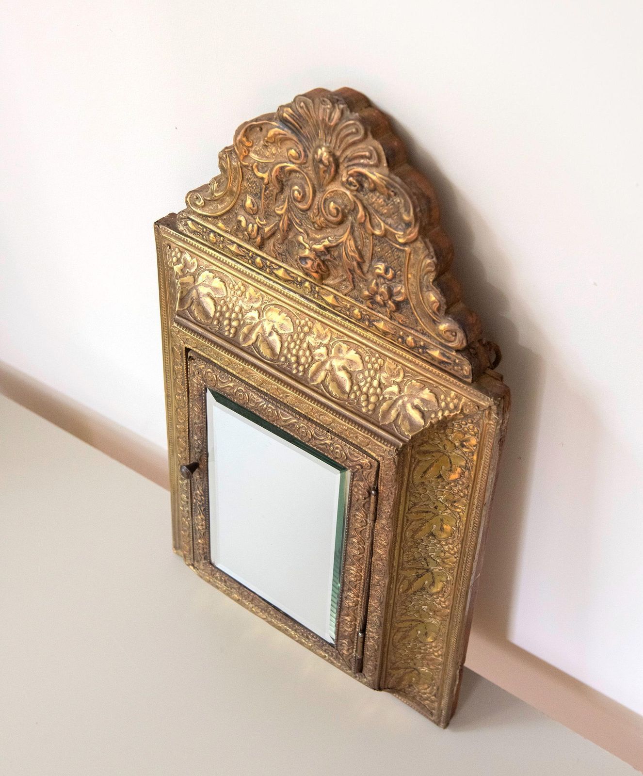 Antique French Brass Vanity Mirror Cabinet – Repoussé Floral Crest – Louis XV Revival photo for sale