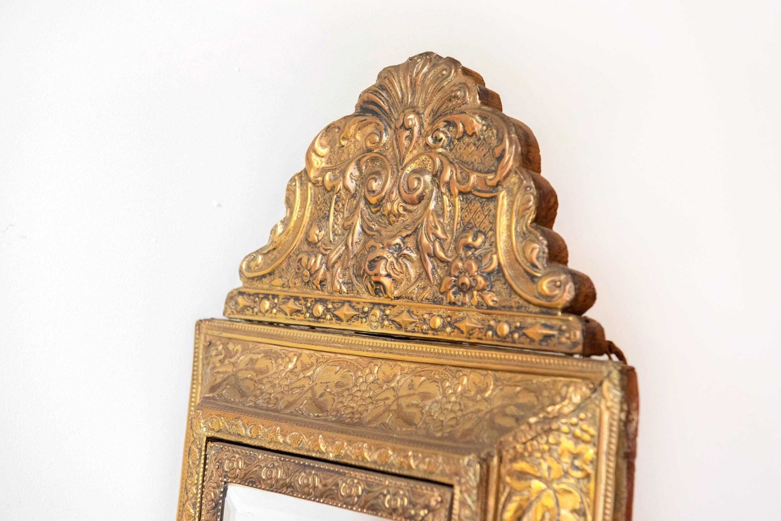 Antique French Brass Vanity Mirror Cabinet – Repoussé Floral Crest – Louis XV Revival photo buy