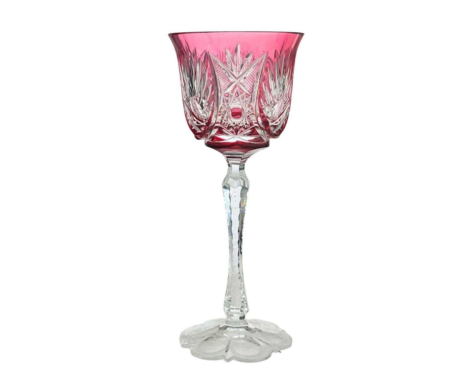 Saint Louis Wine Glass | Floral Foot | Color Overlay Red | Exclusive Handmade