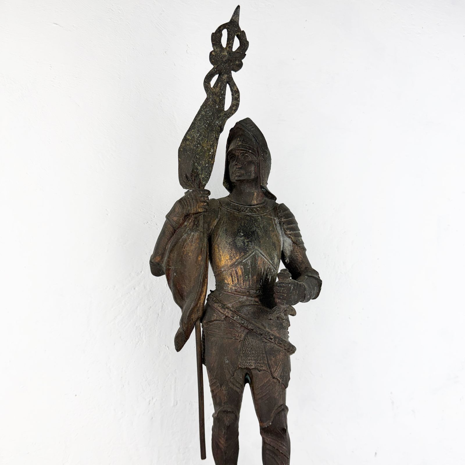 Antiek Frans ridderbeeldje, spelterstandbeeld, Jeanne d'Arc photo furniture