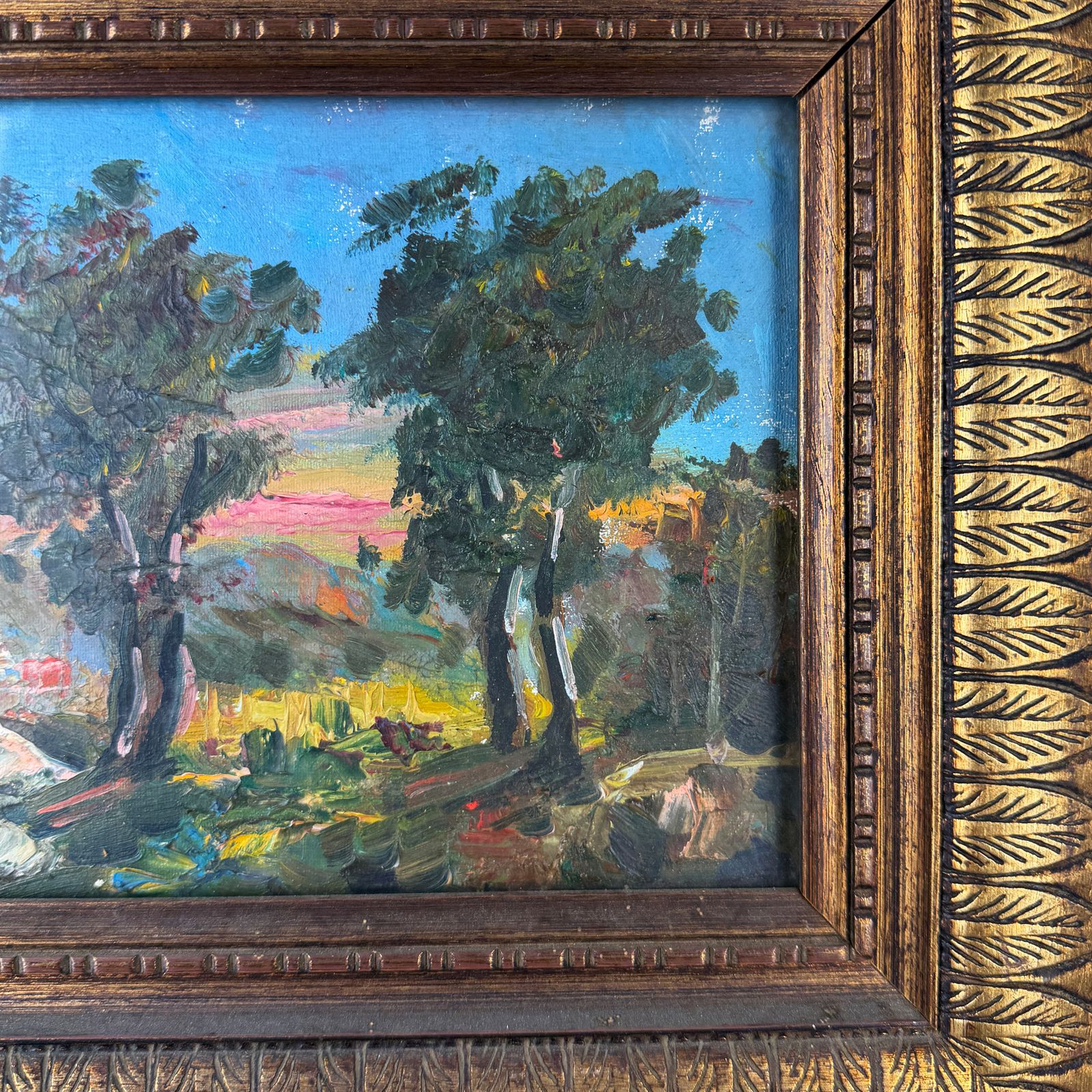 Antiek ingelijst impressionistisch Italiaans landschapsschilderij, olieverf op doek photo 233.0