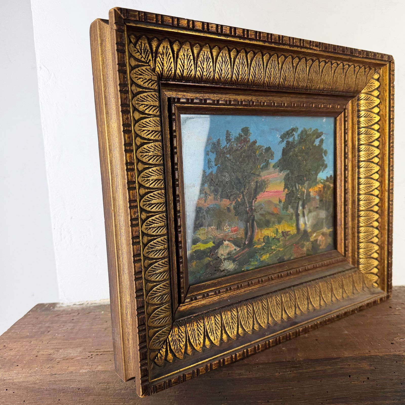 Antiek ingelijst impressionistisch Italiaans landschapsschilderij, olieverf op doek photo furniture