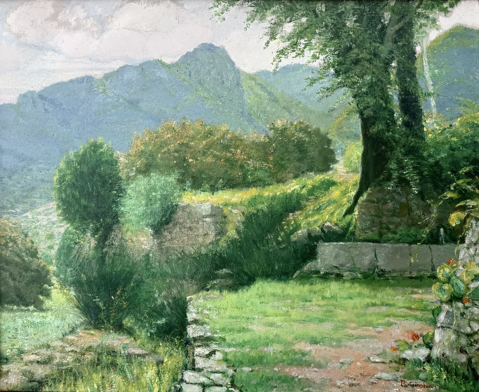Ramón Gimbert Catalaans post-impressionistisch berglandschap, El Montmell Spanje Olieverf op doek 1965
