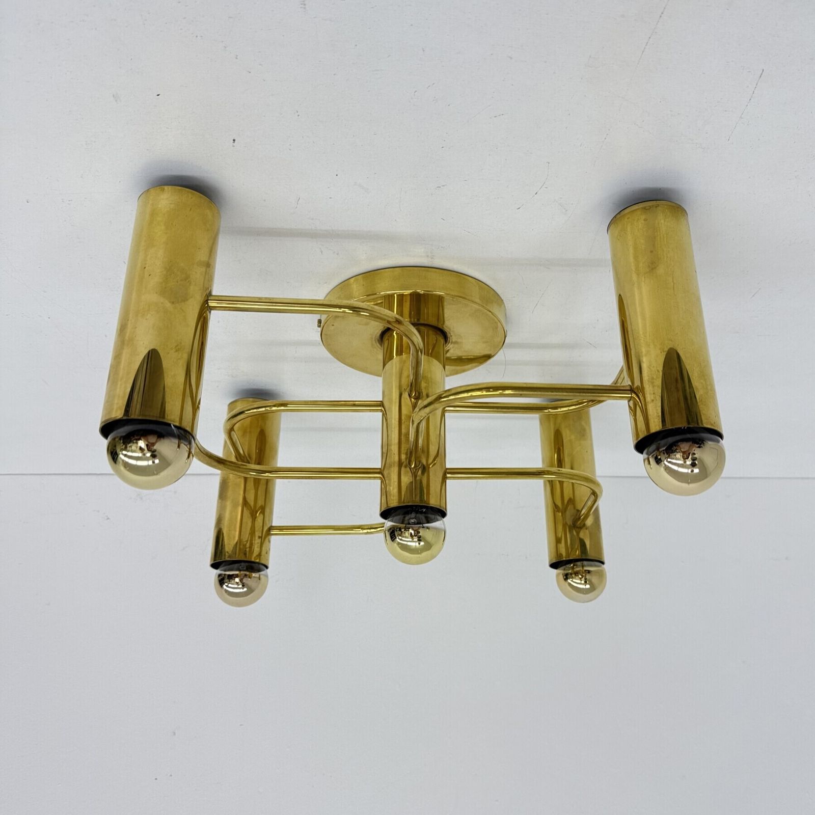 Vintage Mid Century Modern Brass Ceiling Lamp Leola Flushmount By Sciolari, Germany, 1970s photo for sale