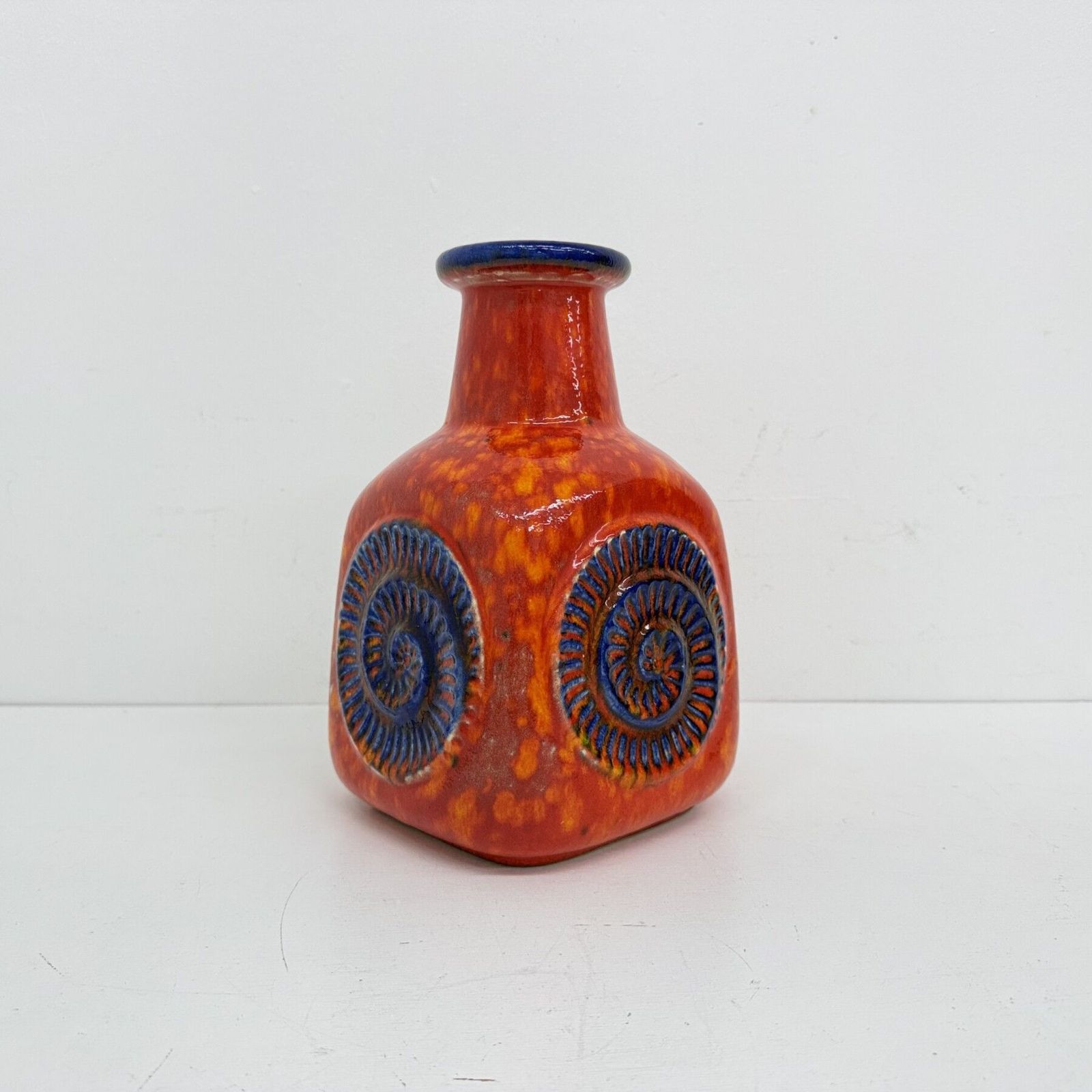 Scheurich West Germany Bay Ceramic Vase Orange With Blue Fossils , 1970s