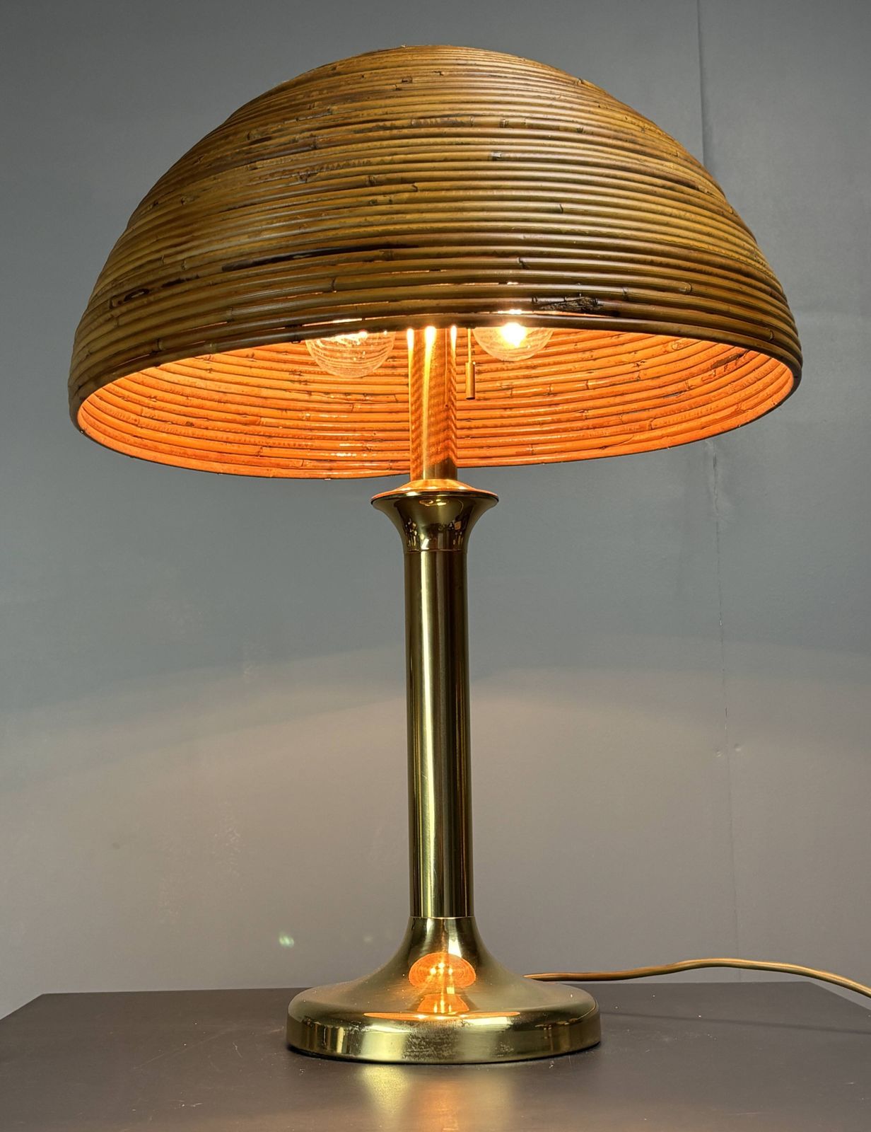photo for sale Italian Midcentury Pencil Reed Rattan Brass Fungo Mushroom Table Lamp 1970s