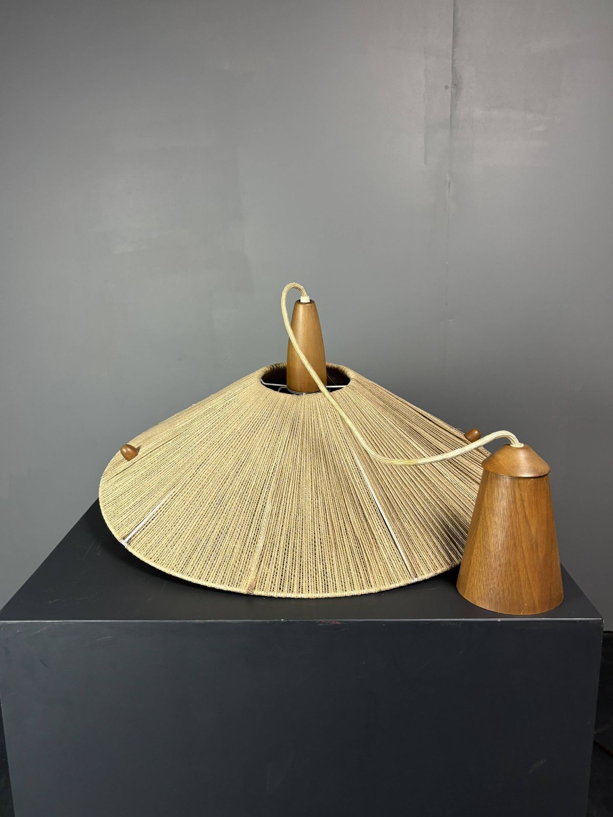 Grande suspension vintage mid-century en teck et corde de sisal, années 1960 photo vinterior
