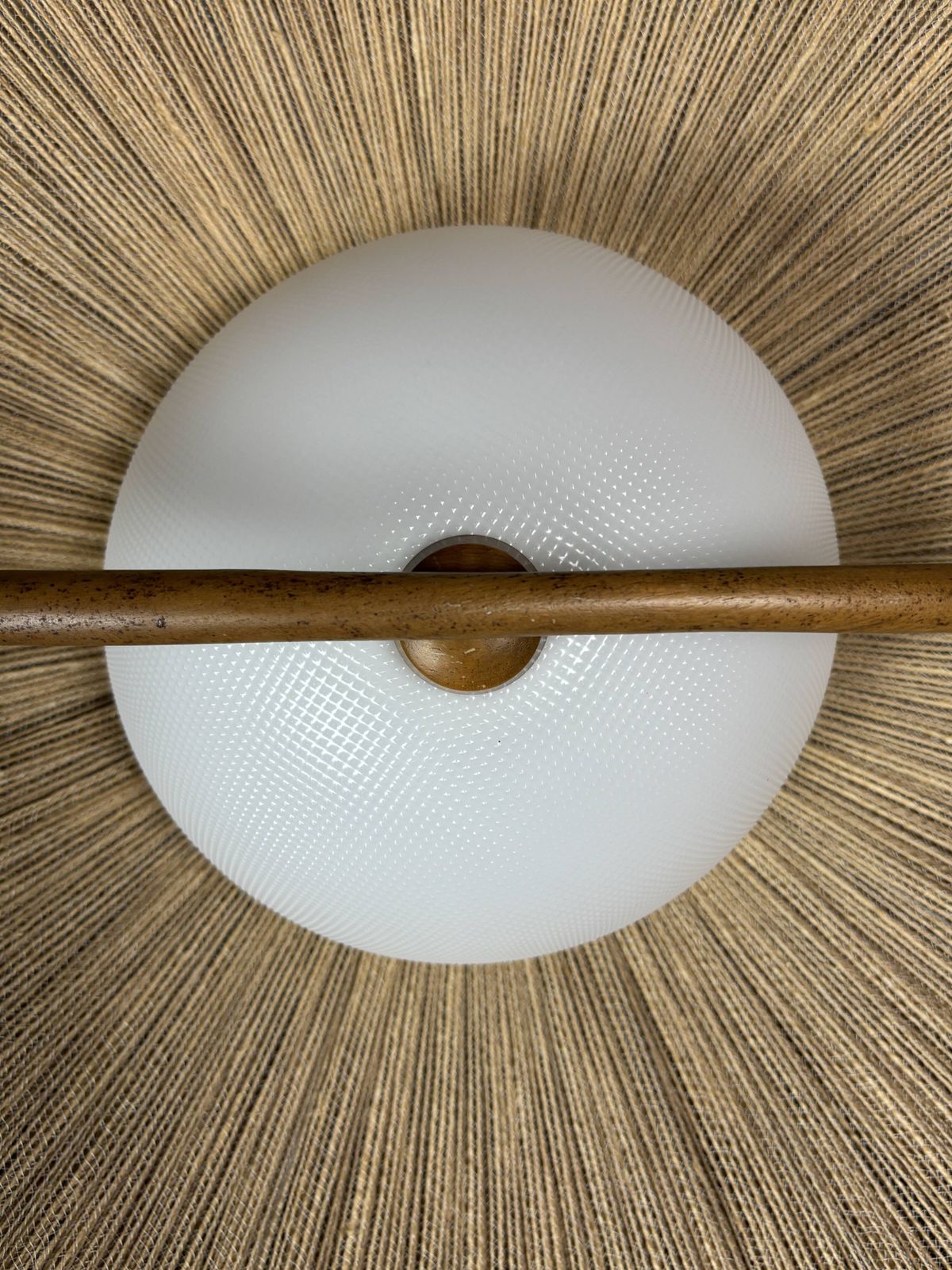 photo for sale Large Mid Century Teak And Sisal Cord Hanging Pendant Lamp, 1960s