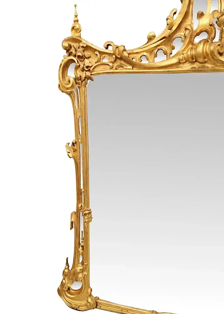 Zeer zeldzame grote 19e eeuwse vergulde Chinese Chippendale stijl schoorsteenspiegel photo Woonaccessoires