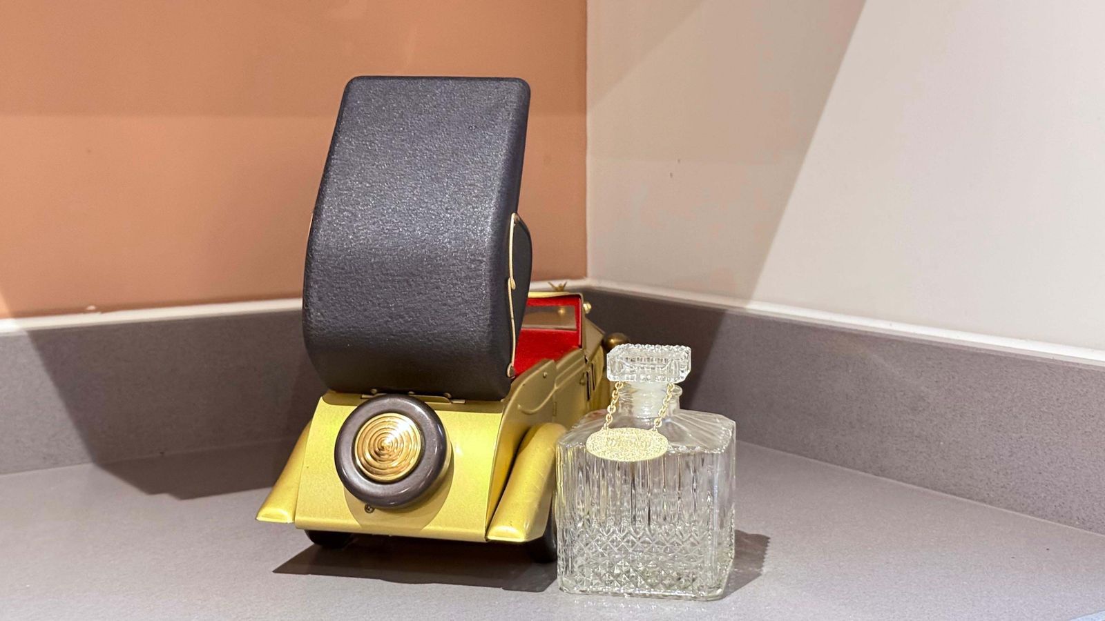 Luxe Muzikale Rolls Royce Barware Set Antiek Kristallen Karaf & 4 Shotglazen photo buy