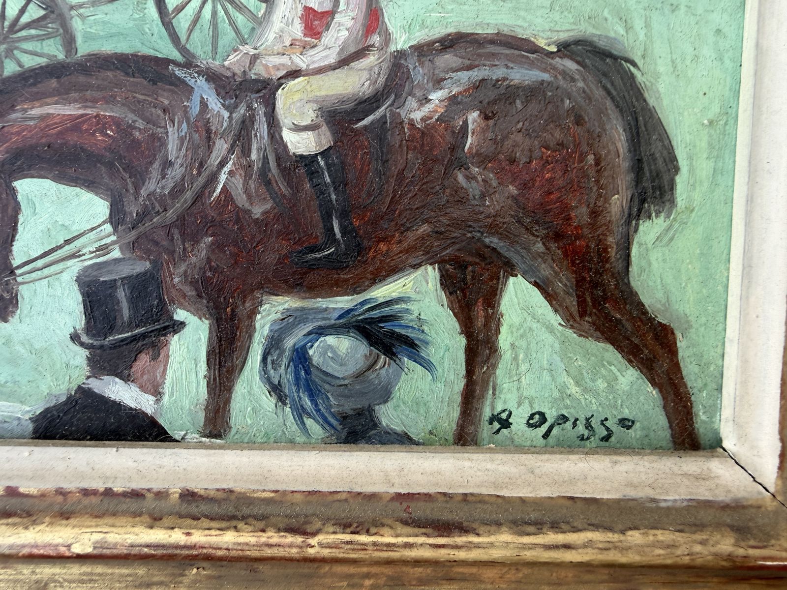 Peinture à l'huile équestre moderne espagnole avec jockeys et chevaux de calèche, Alfredo Opisso, 1970 photo for sale