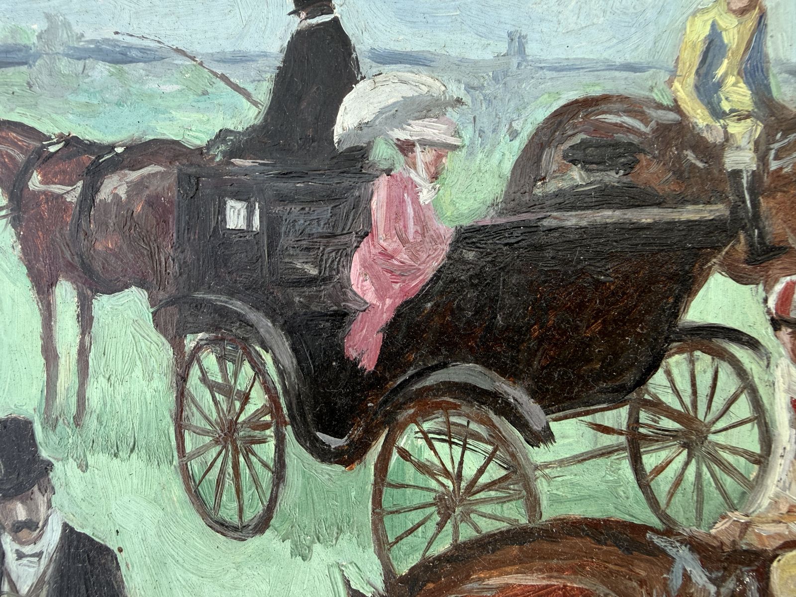 Peinture à l'huile équestre moderne espagnole avec jockeys et chevaux de calèche, Alfredo Opisso, 1970 photo vinterior